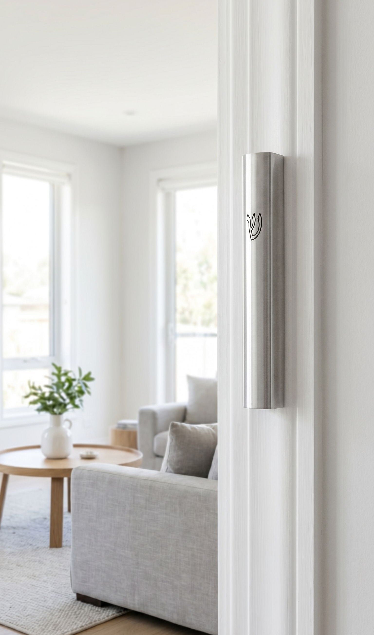 Modern brushed silver aluminum mezuzah mounted on a sleek interior doorway with contemporary decor