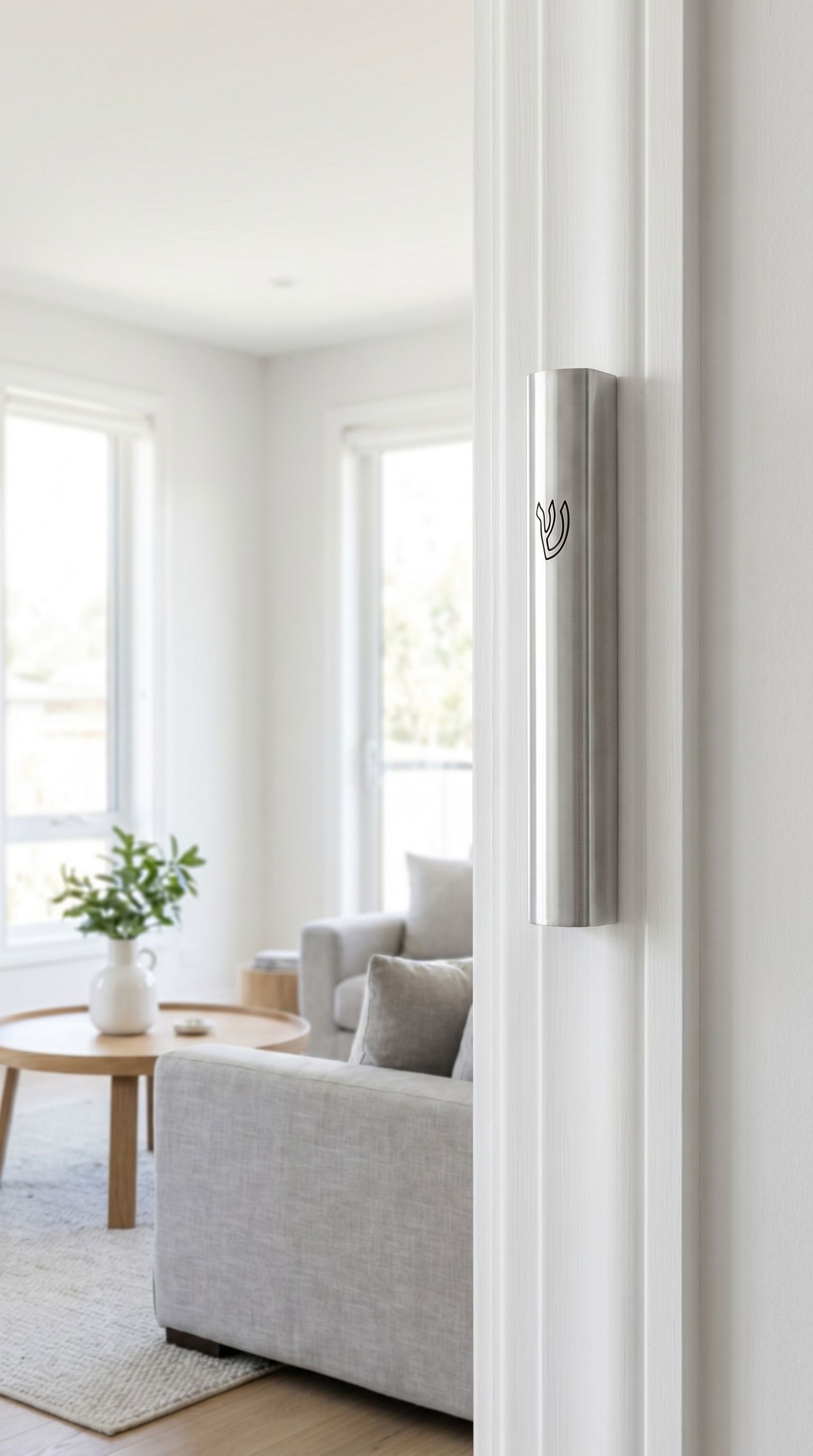 Modern brushed silver aluminum mezuzah mounted on a sleek interior doorway with contemporary decor