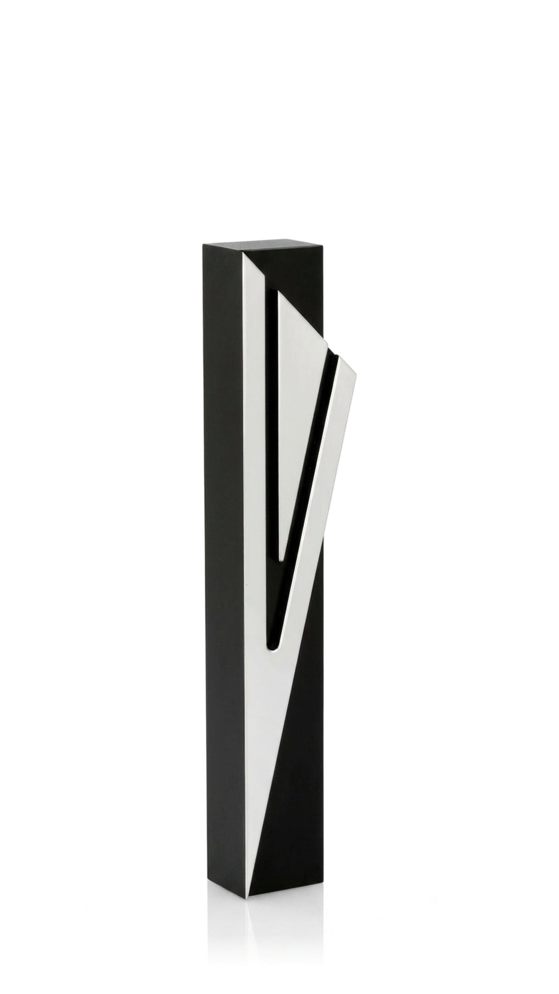 Modern Capital Shin black aluminum mezuzah cover with an oversized angular silver Hebrew letter across a tall rectangular face, creating a bold architectural contrast and a distinctive contemporary Judaica accent for a Jewish home