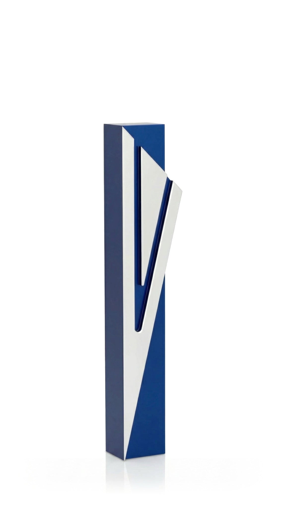 Contemporary Capital Shin blue aluminum mezuzah cover with a rich blue rectangular body and a large angular silver Hebrew Shin, combining crisp geometric lines with a striking Jewish symbol in an expressive modern doorway design