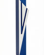 Modern Capital Shin blue aluminum mezuzah case on white with a deep blue body and a large angular silver Hebrew Shin