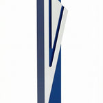 Modern Capital Shin blue aluminum mezuzah case on white with a deep blue body and a large angular silver Hebrew Shin