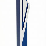 Modern Capital Shin blue aluminum mezuzah case on white with a deep blue body and a large angular silver Hebrew Shin
