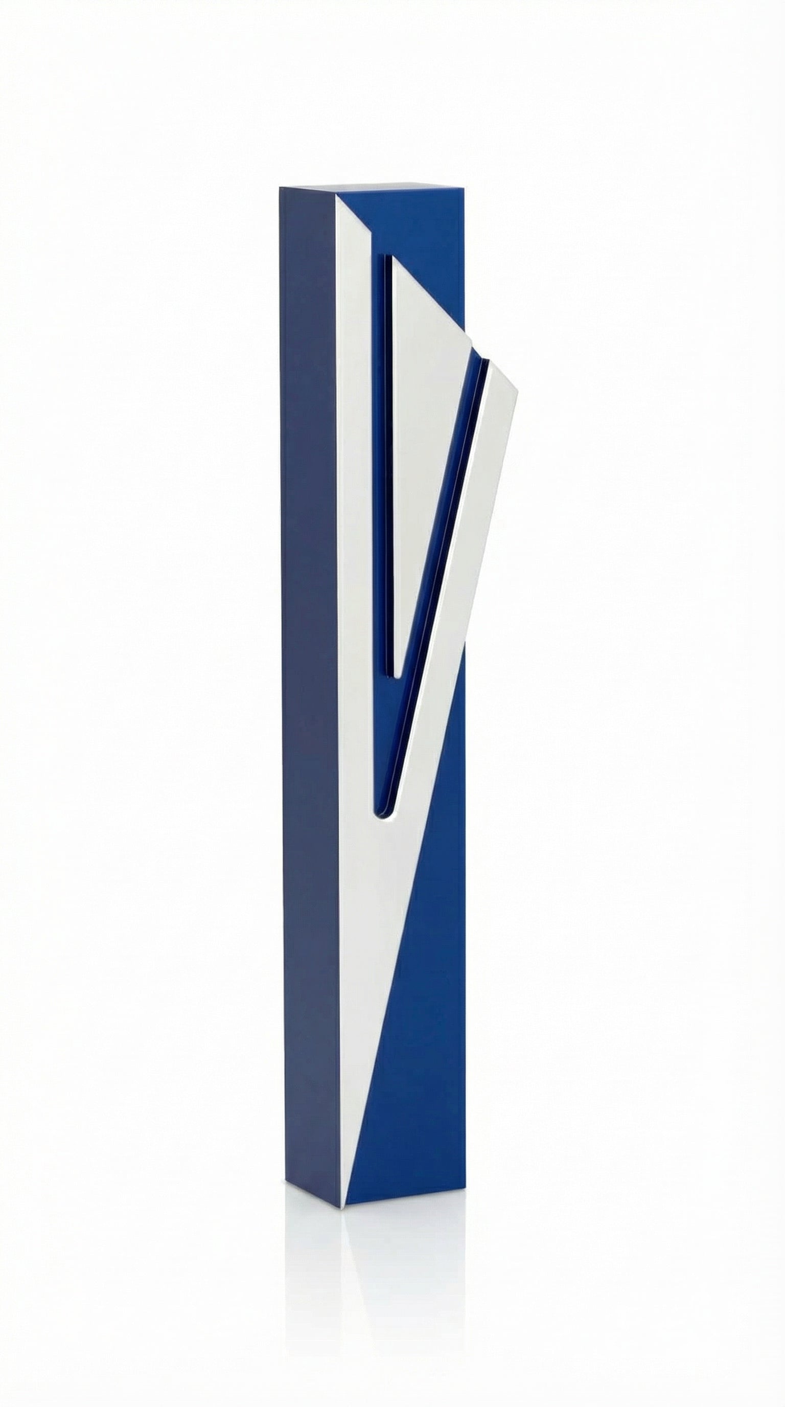 Modern Capital Shin blue aluminum mezuzah case on white with a deep blue body and a large angular silver Hebrew Shin