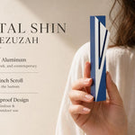 Capital Shin blue mezuzah specification image highlighting the 5.5-inch body, 5-inch kosher scroll fit, Israeli origin, and bottom opening