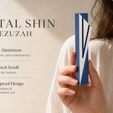 Capital Shin blue mezuzah specification image highlighting the 5.5-inch body, 5-inch kosher scroll fit, Israeli origin, and bottom opening