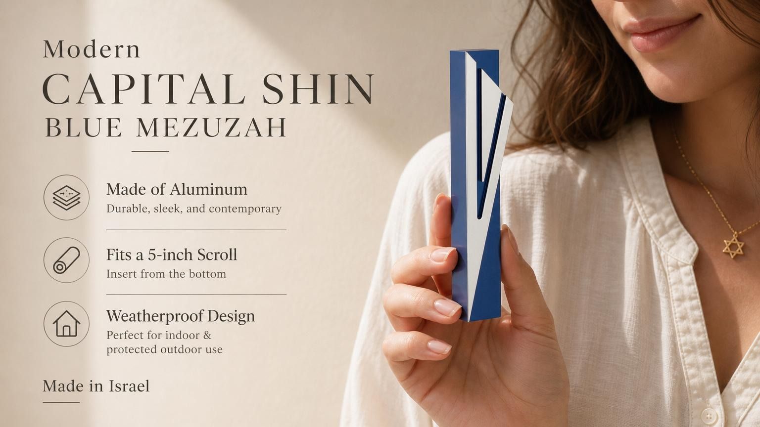 Capital Shin blue mezuzah specification image highlighting the 5.5-inch body, 5-inch kosher scroll fit, Israeli origin, and bottom opening