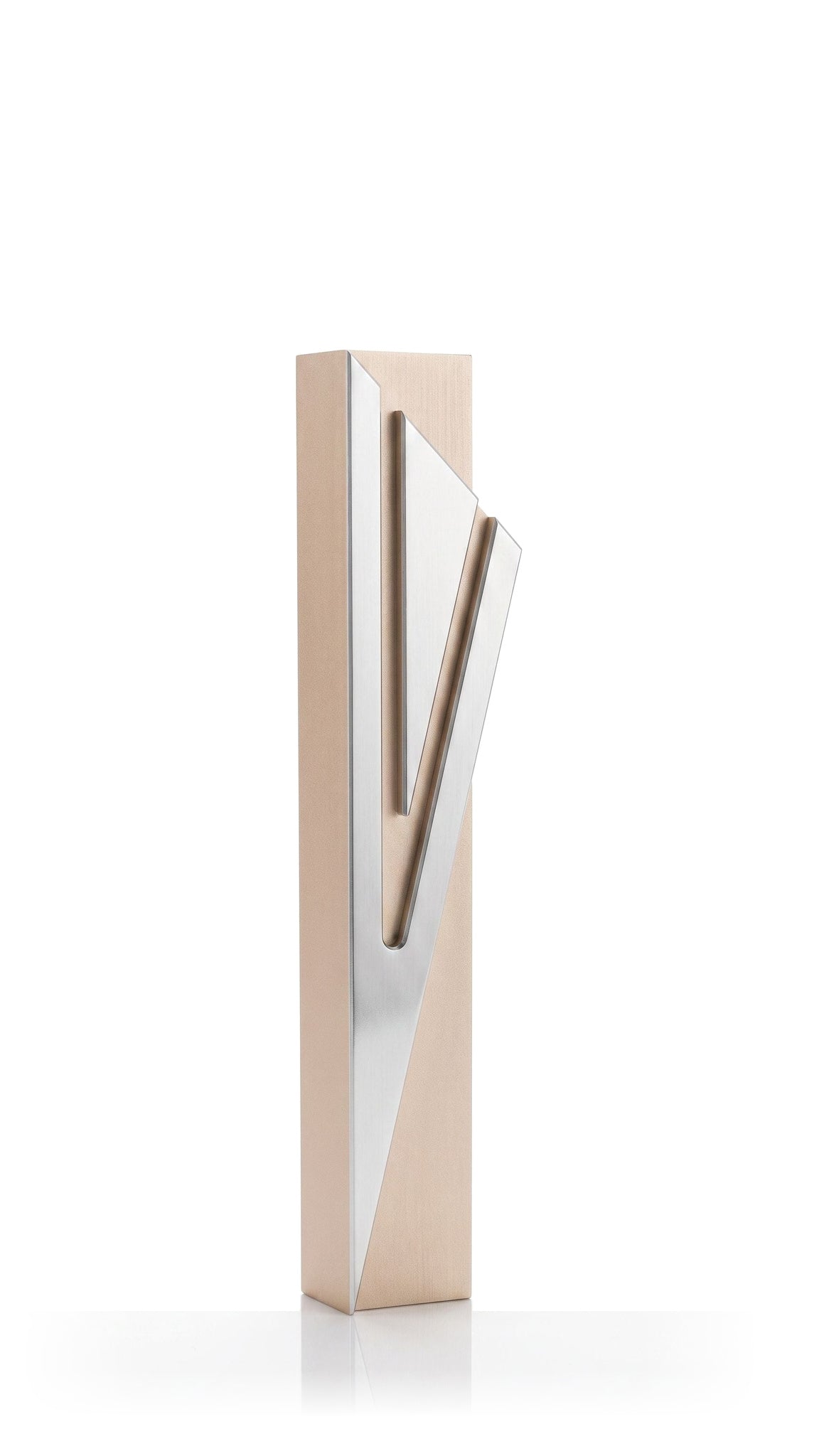 Elegant Capital Shin champagne aluminum mezuzah cover with a pale warm metallic finish and an oversized silver Hebrew Shin, pairing a clean rectangular shape with architectural Jewish design and a refined contemporary character