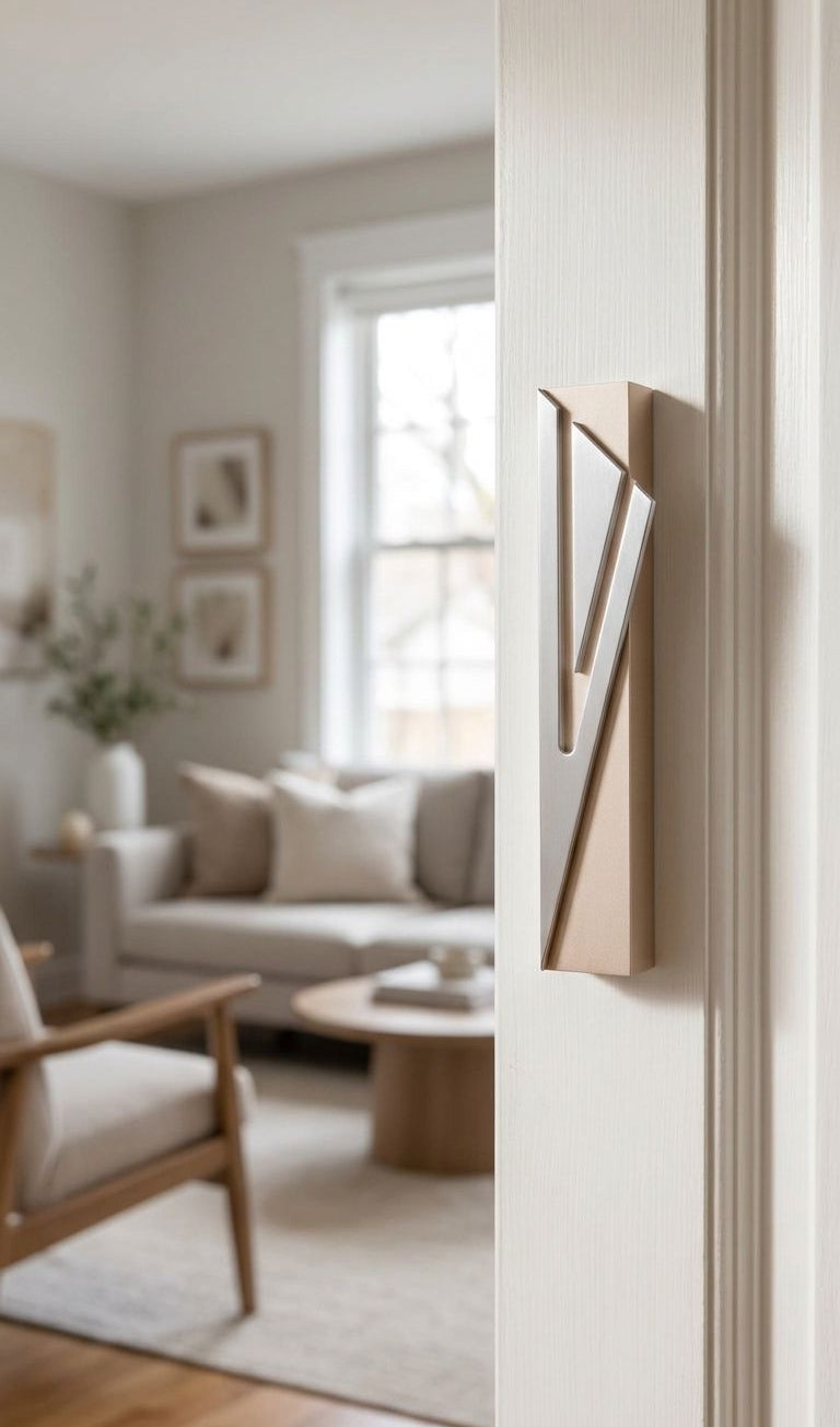 Modern Capital Shin champagne mezuzah cover mounted on an apartment doorpost with a waterproof profile and brushed silver geometric detail