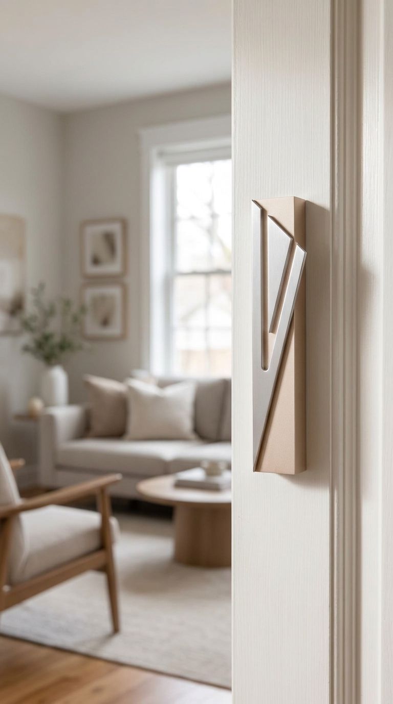 Modern Capital Shin champagne mezuzah cover mounted on an apartment doorpost with a waterproof profile and brushed silver geometric detail
