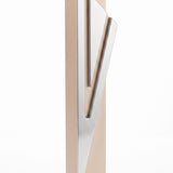 Modern Capital Shin champagne aluminum mezuzah case on white with a tall rectangular body and a large angular silver Hebrew Shin