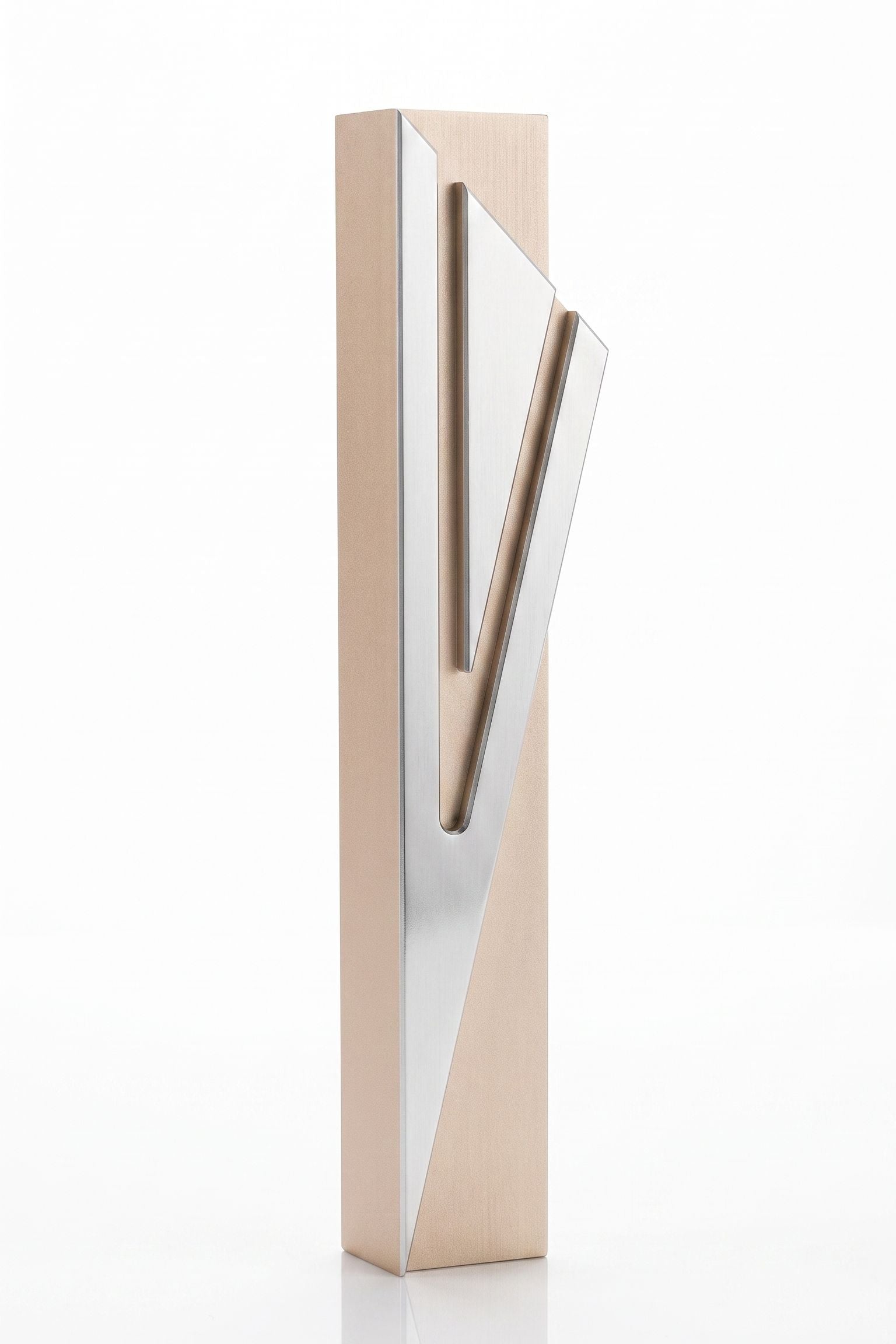 Modern Capital Shin champagne aluminum mezuzah case on white with a tall rectangular body and a large angular silver Hebrew Shin