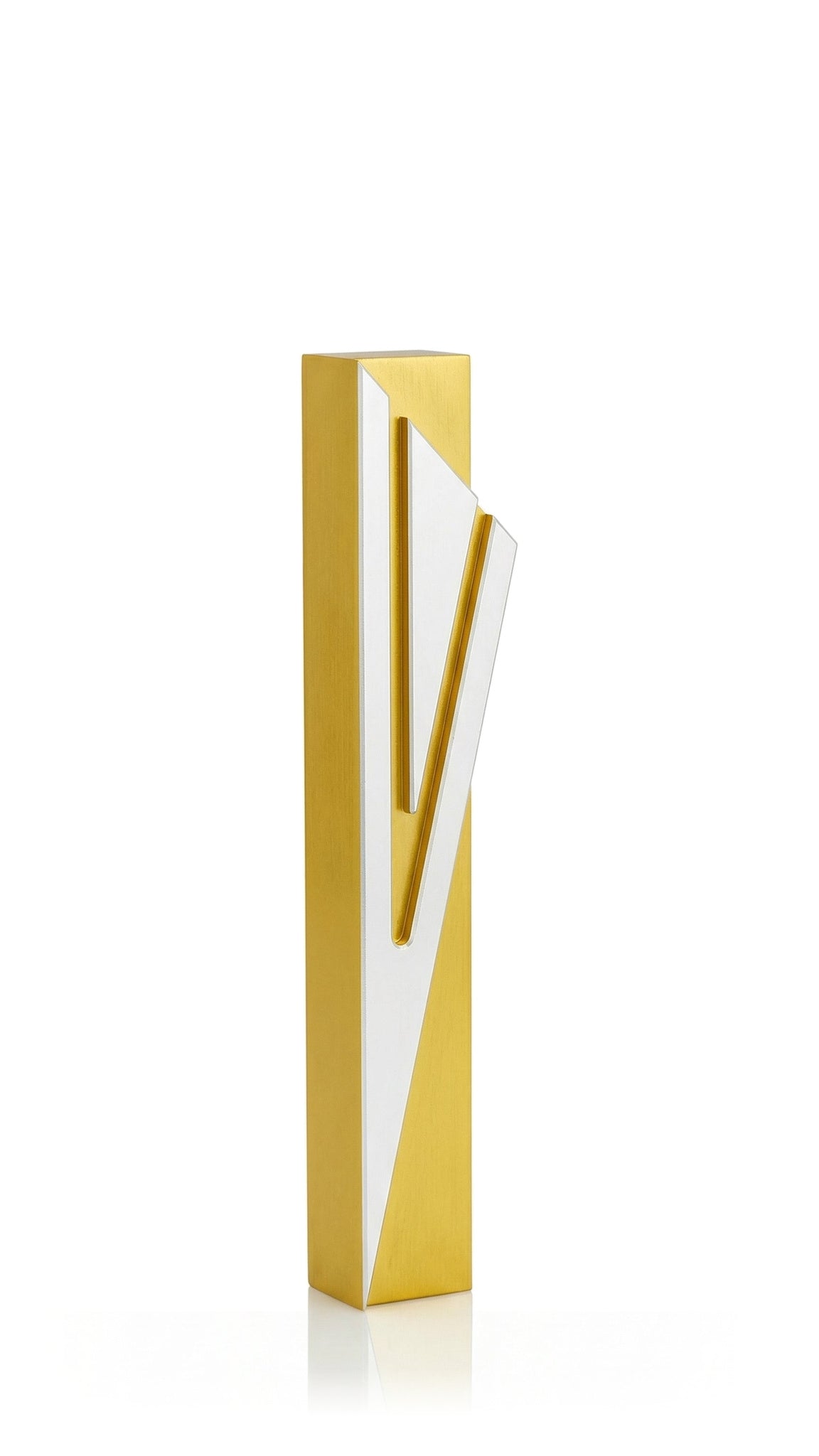 Modern Capital Shin gold aluminum mezuzah cover with a warm metallic body and an expansive angular silver Hebrew letter, bringing two-tone contrast, strong geometric lines and an elegant Jewish focal point to contemporary doorway decor