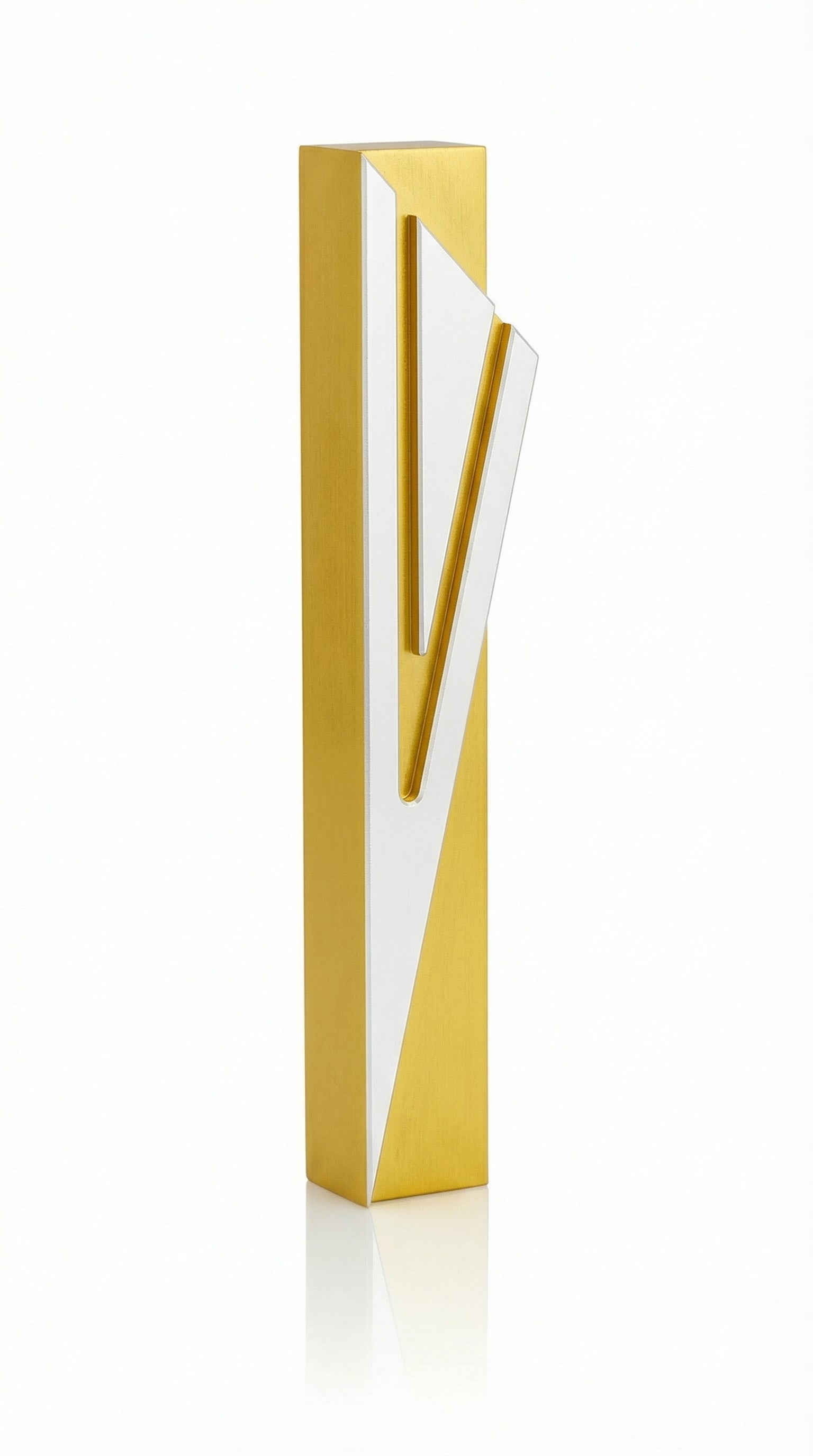 Elegant gold aluminum Mezuzah with Hebrew Shin symbol, detailed craftsmanship and sleek finish, designed for both indoor and outdoor use in home decor