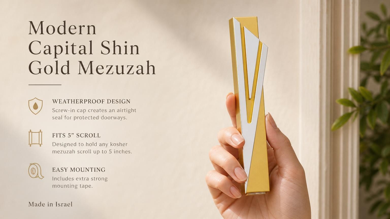 Person holding the exact Modern Capital Shin Gold Mezuzah showing its detailed design and sleek finish, with editorial text and generous space in the scene.