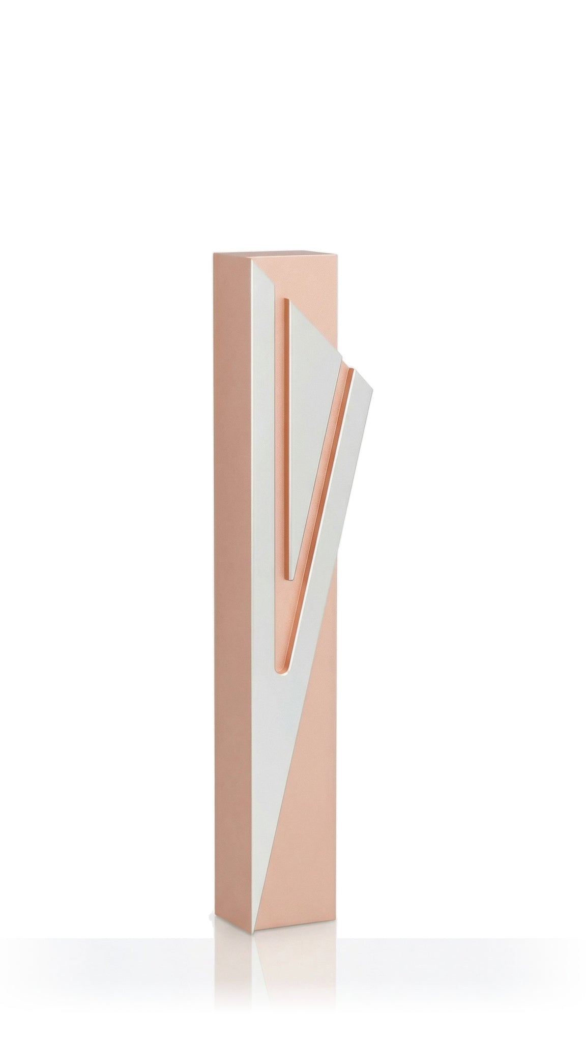 Contemporary Capital Shin pink aluminum mezuzah cover with a soft blush finish and a large angular silver Hebrew Shin, combining warm delicate color with a clean architectural shape and a prominent Jewish design
