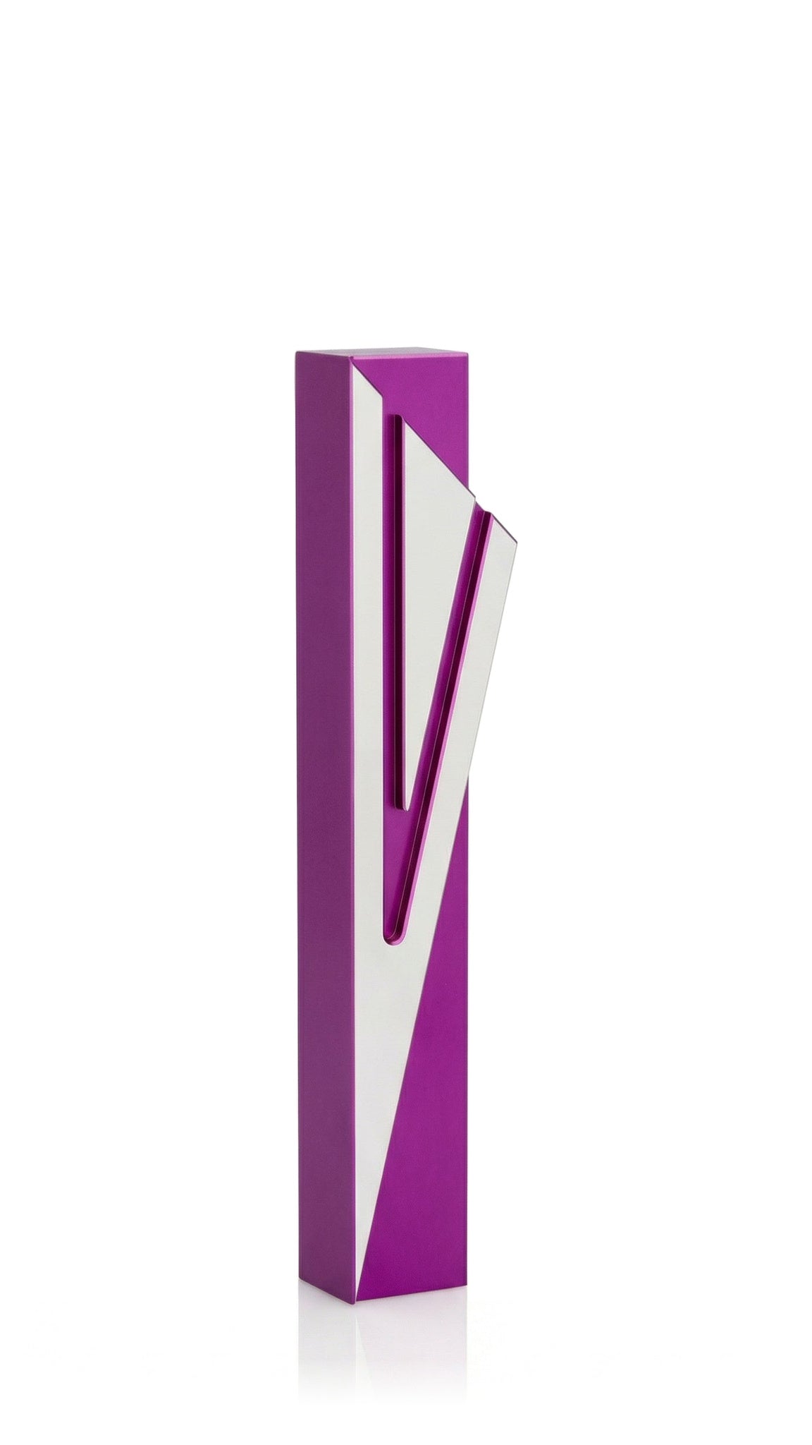 Modern Capital Shin purple aluminum mezuzah cover with a rich violet rectangular body and a sweeping angular silver Hebrew letter, giving contemporary Judaica a vivid jewel-colored finish and a confident geometric character