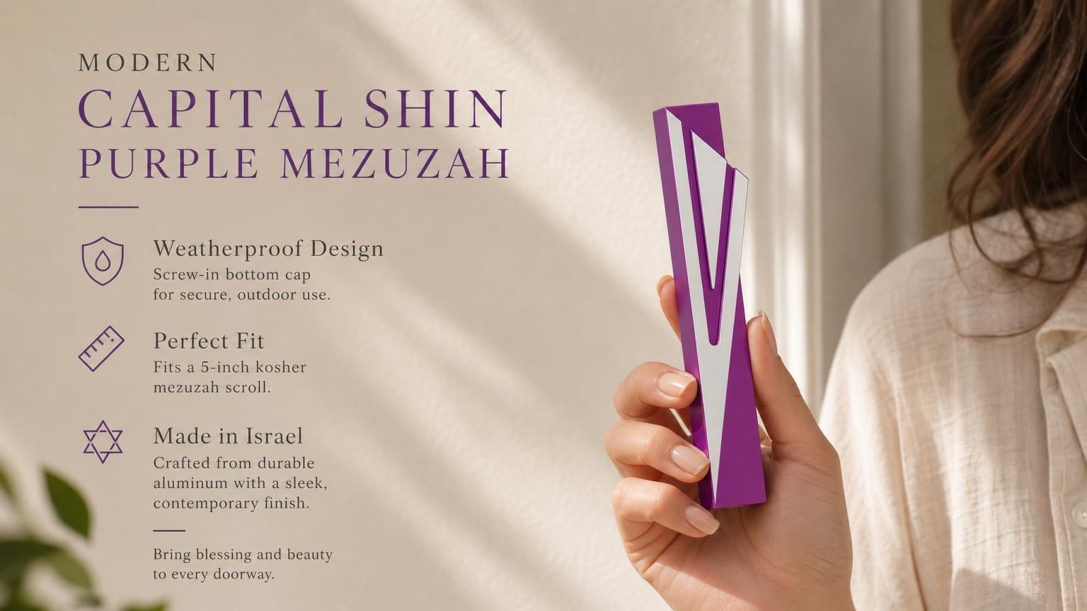 Hand holding a silver and purple aluminum mezuzah case in a premium editorial style with a Capital Shin mezuzah specifications highlighting the 5.5-inch body, 5-inch kosher scroll fit, and Israeli construction