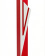 Modern Capital Shin red aluminum mezuzah case on white with a bold red body and a large angular silver Hebrew Shin