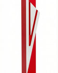 Modern Capital Shin red aluminum mezuzah case on white with a bold red body and a large angular silver Hebrew Shin