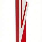 Modern Capital Shin red aluminum mezuzah case on white with a bold red body and a large angular silver Hebrew Shin