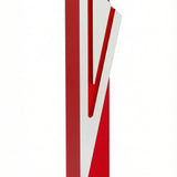 Modern Capital Shin red aluminum mezuzah case on white with a bold red body and a large angular silver Hebrew Shin
