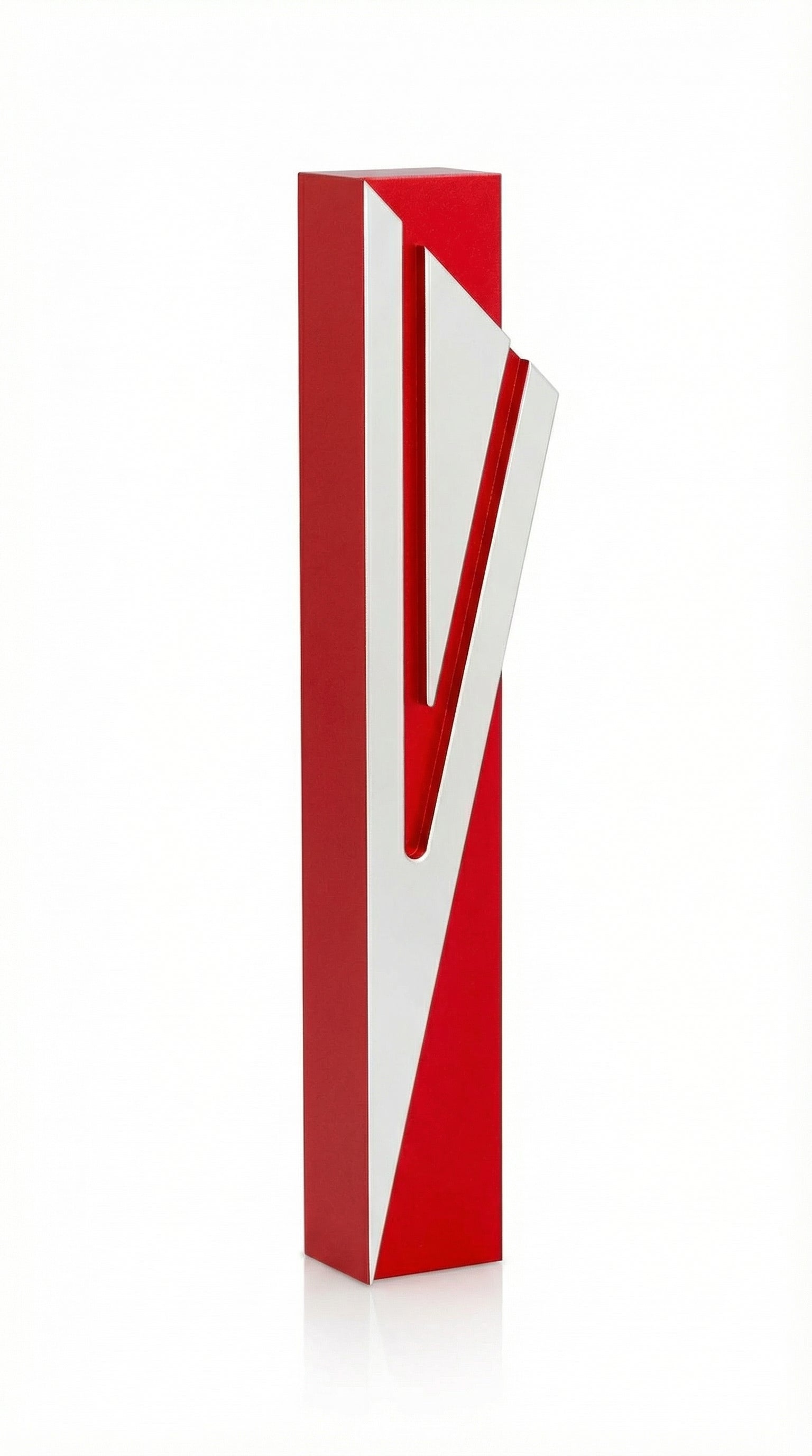 Modern Capital Shin red aluminum mezuzah case on white with a bold red body and a large angular silver Hebrew Shin