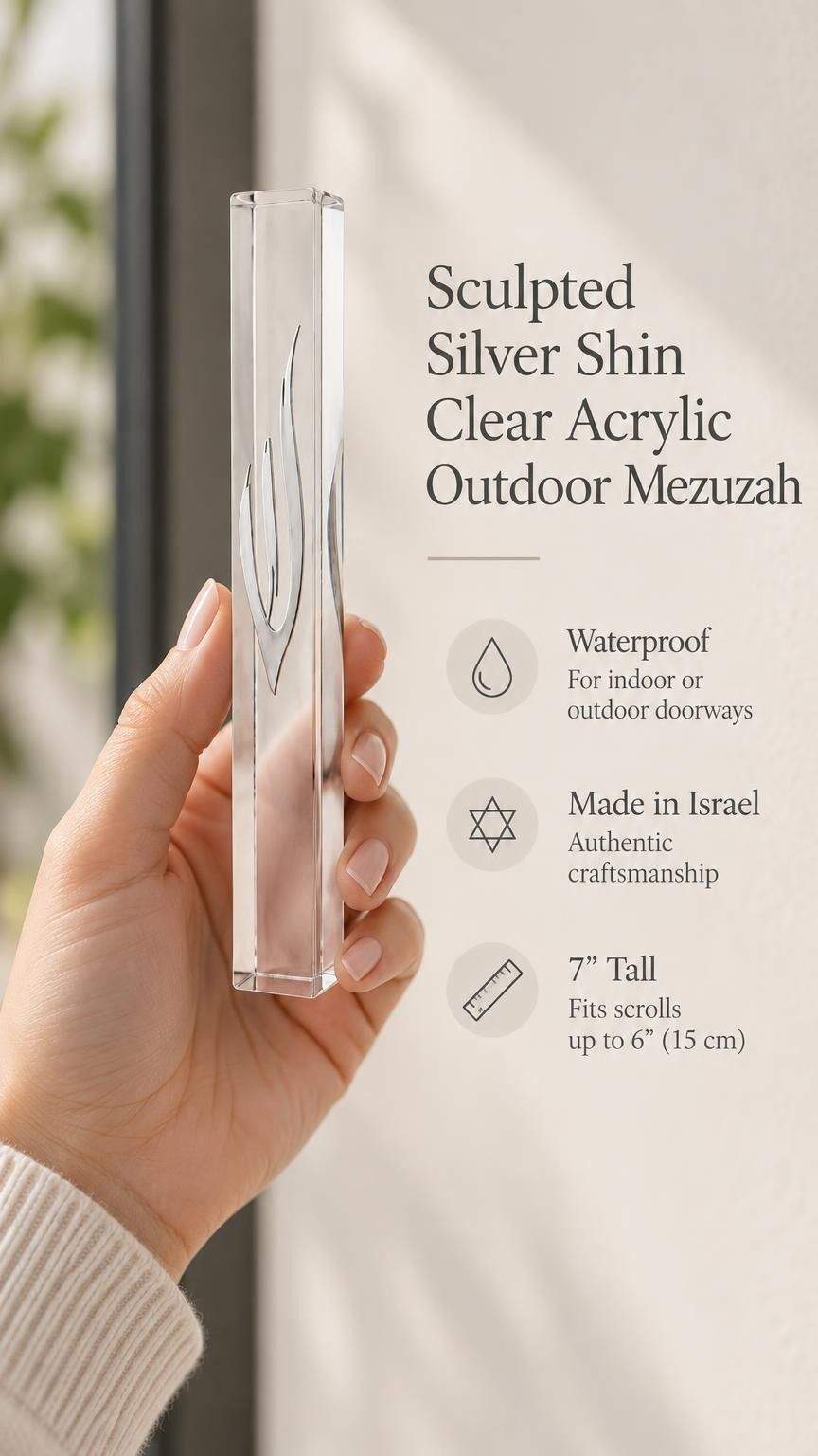 Close-up of the sculpted silver Shin and transparent sides of the waterproof seven-inch clear acrylic mezuzah case for outdoor use