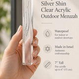 Close-up of the sculpted silver Shin and transparent sides of the waterproof seven-inch clear acrylic mezuzah case for outdoor use