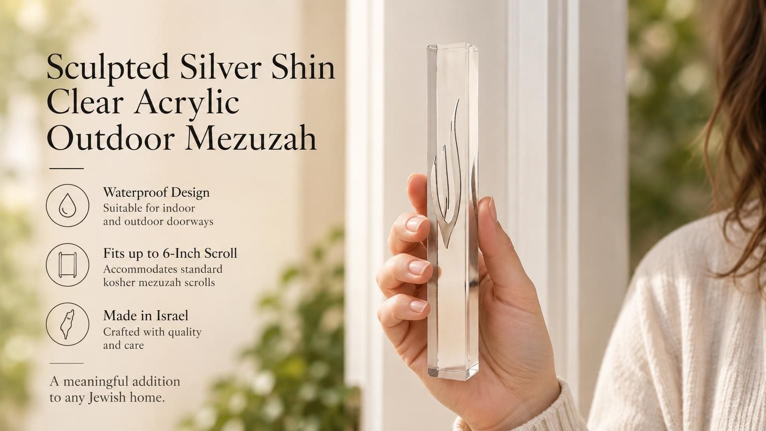 A hand holding a modern transparent acrylic mezuzah case with a polished silver Shin design for indoor or outdoor use.