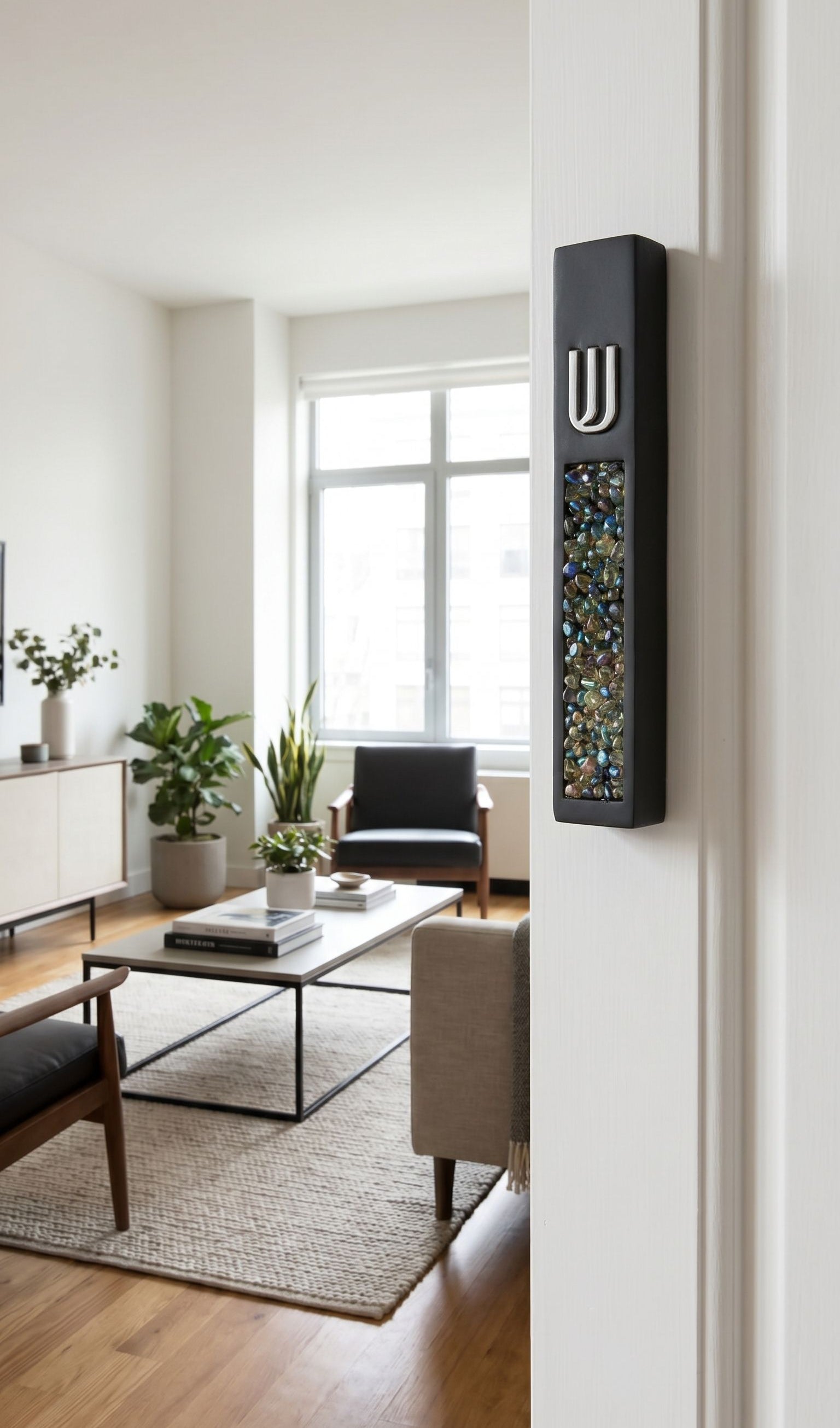 Hyper-realistic scene of a modern cement mezuzah with colorful stone inlay mounted on a narrow interior doorway on the right side, in a stylish home interior.