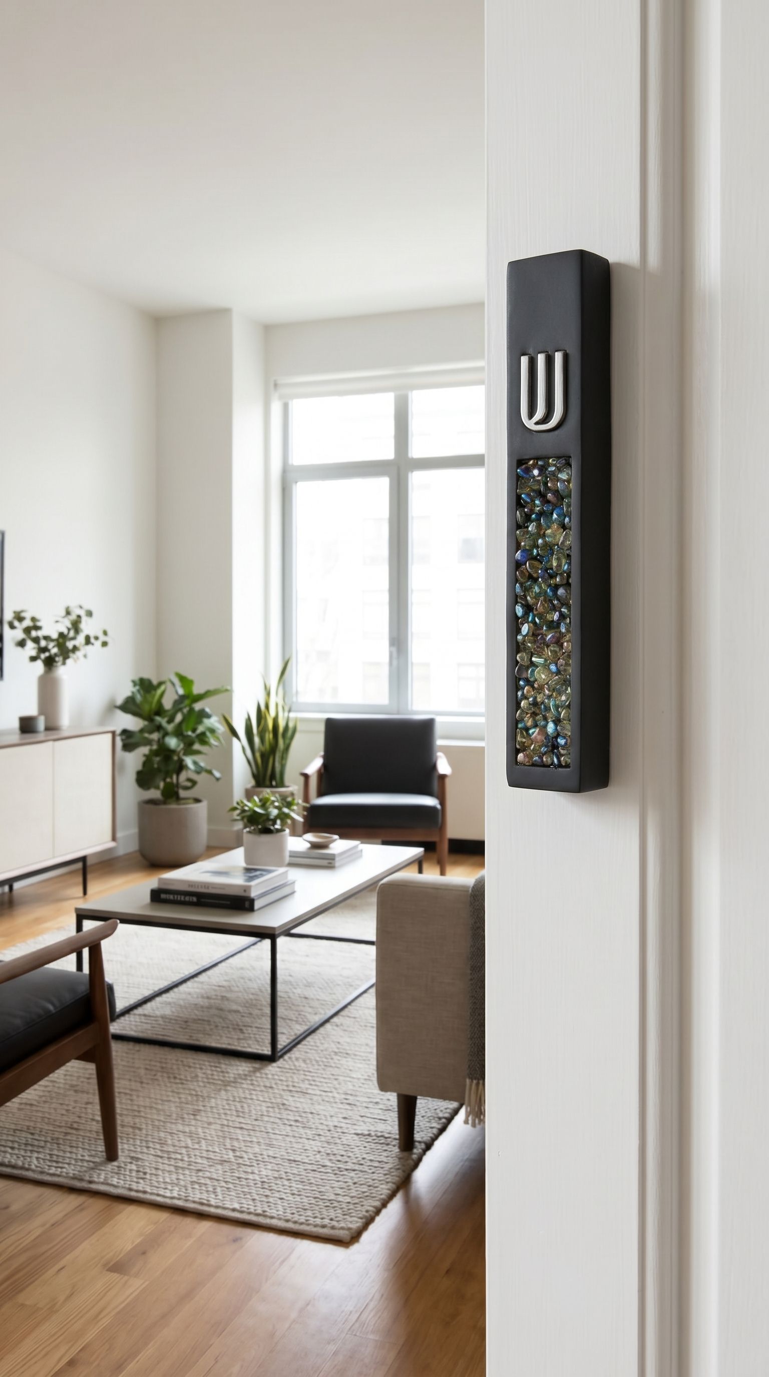 Hyper-realistic scene of a modern cement mezuzah with colorful stone inlay mounted on a narrow interior doorway on the right side, in a stylish home interior.