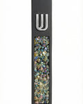 Contemporary cement mezuzah case with colorful stone inlay and Hebrew Shin symbol, suitable for modern interiors with clean design and bright background.