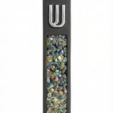 Contemporary cement mezuzah case with colorful stone inlay and Hebrew Shin symbol, suitable for modern interiors with clean design and bright background.