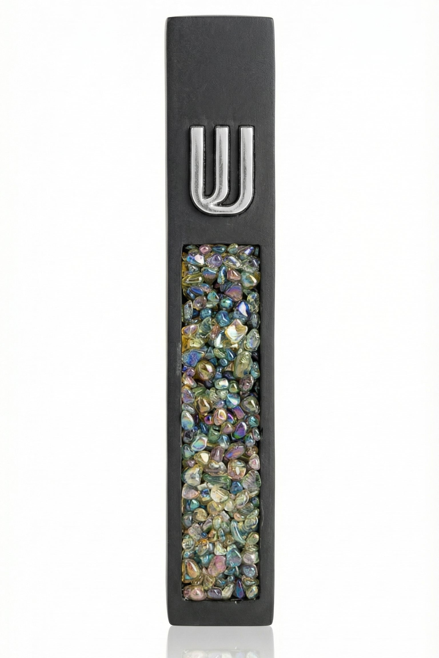 Contemporary cement mezuzah case with colorful stone inlay and Hebrew Shin symbol, suitable for modern interiors with clean design and bright background.