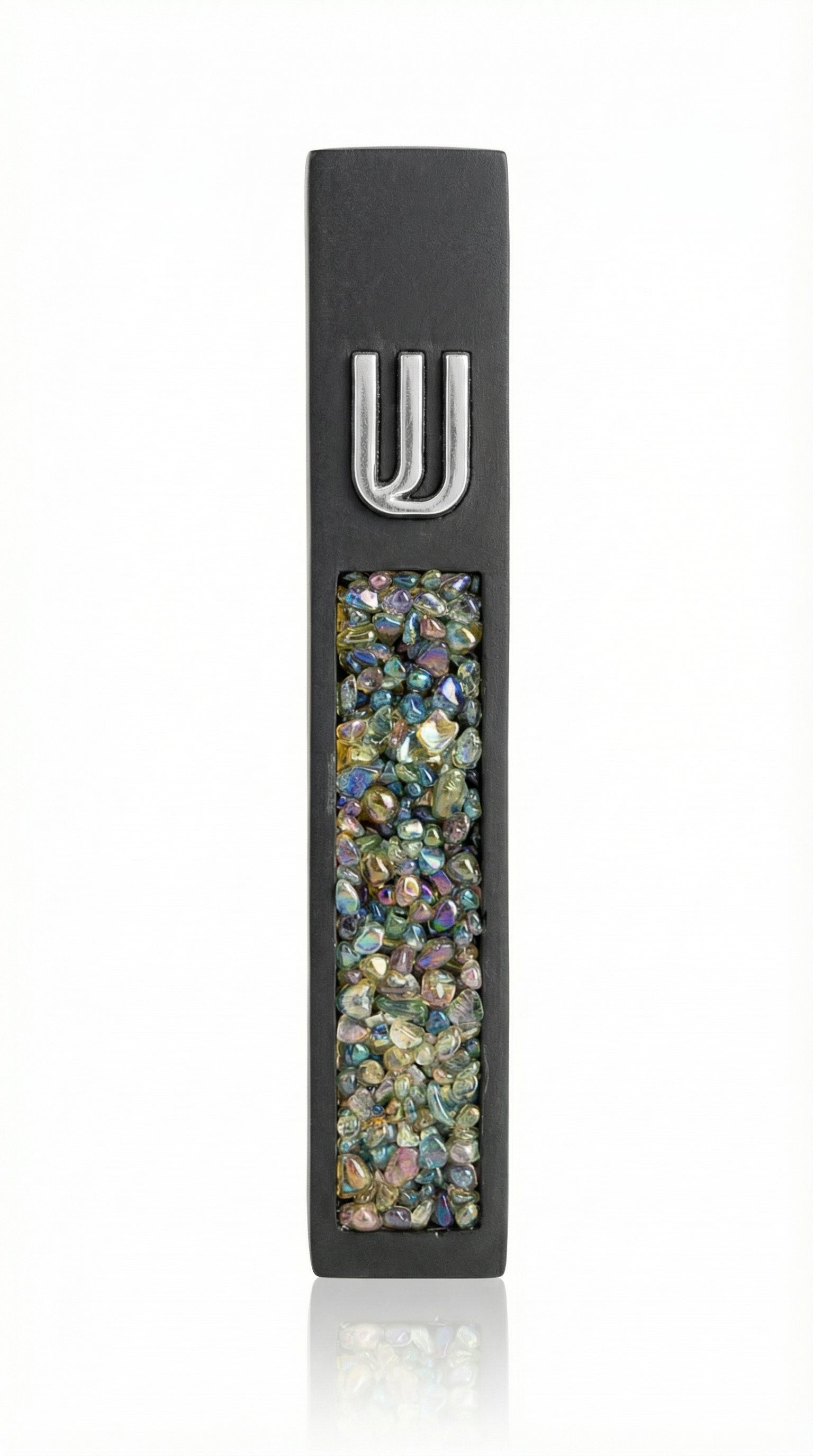 Contemporary cement mezuzah case with colorful stone inlay and Hebrew Shin symbol, suitable for modern interiors with clean design and bright background.