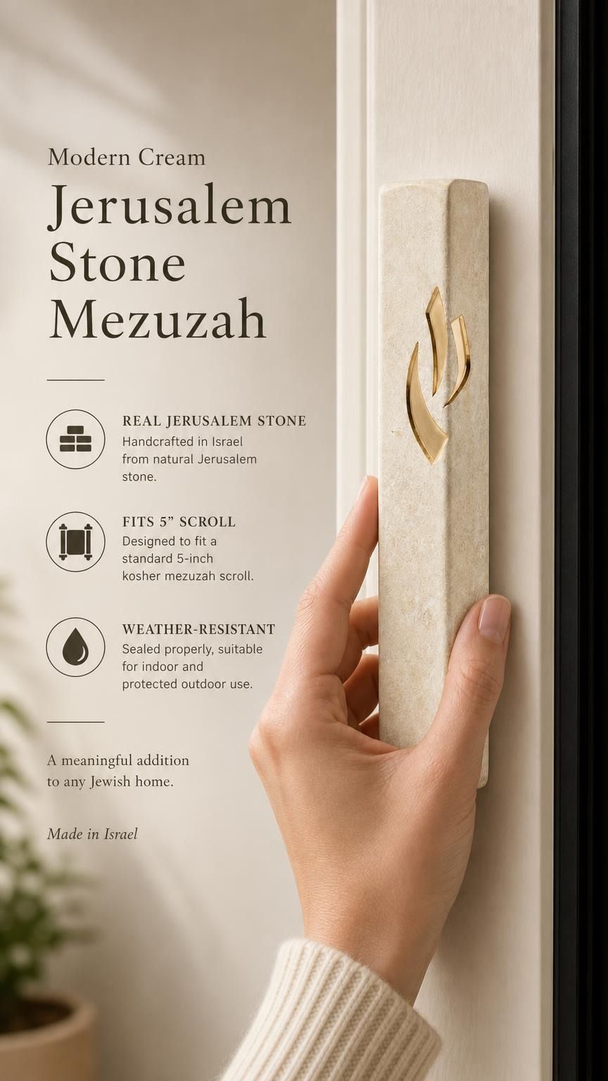 Person holding handcrafted Jerusalem stone mezuzah in a natural indoor setting with editorial style.