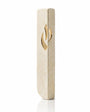 A tall, modern kosher mezuzah case holder made of textured beige Jerusalem stone with a polished gold-tone Mezuzah Shin flame cutout for modern home doorways