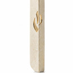 A tall, modern kosher mezuzah case holder made of textured beige Jerusalem stone with a polished gold-tone Mezuzah Shin flame cutout for modern home doorways