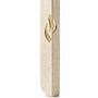 A tall, modern kosher mezuzah case holder made of textured beige Jerusalem stone with a polished gold-tone Mezuzah Shin flame cutout for modern home doorways