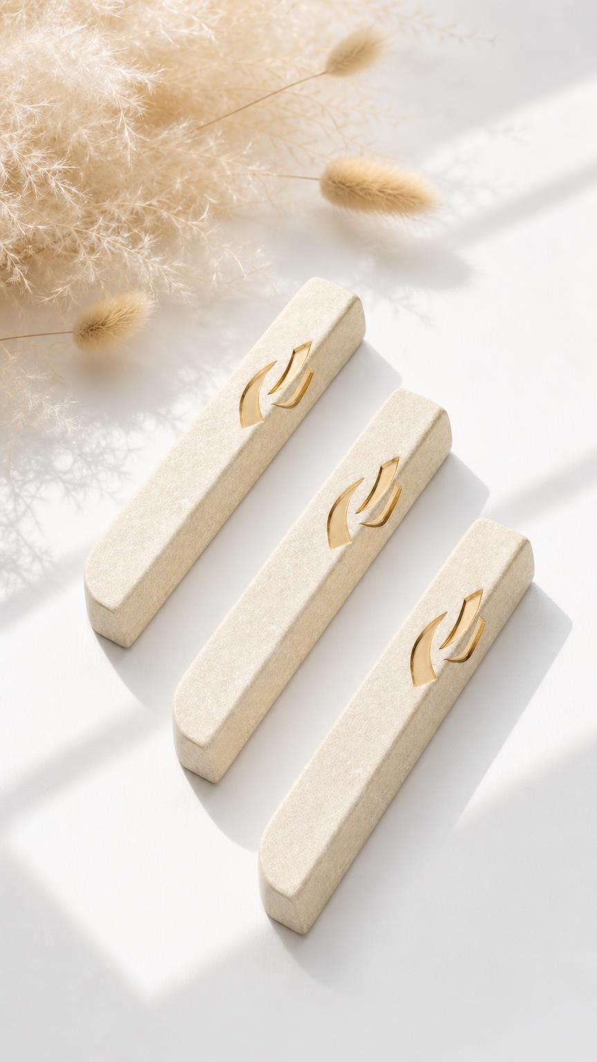 Handcrafted Jerusalem stone mezuzah in cream color with gold accents, suitable for indoor and outdoor doorways, includes mounting tape.