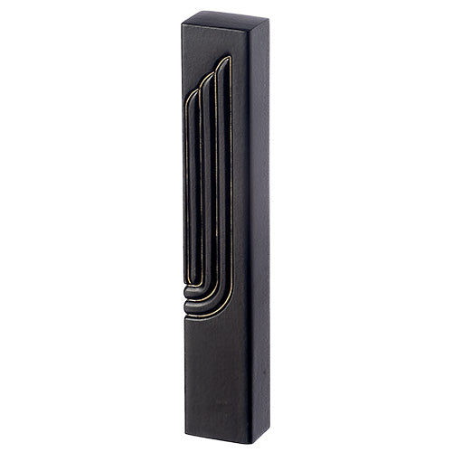 Angled view of the Modern Embossed Gold Shin Black Concrete Mezuzah, a matte black waterproof mezuzah case from Israel with a tall raised Shin outlined in gold, sized for a 5-inch kosher scroll