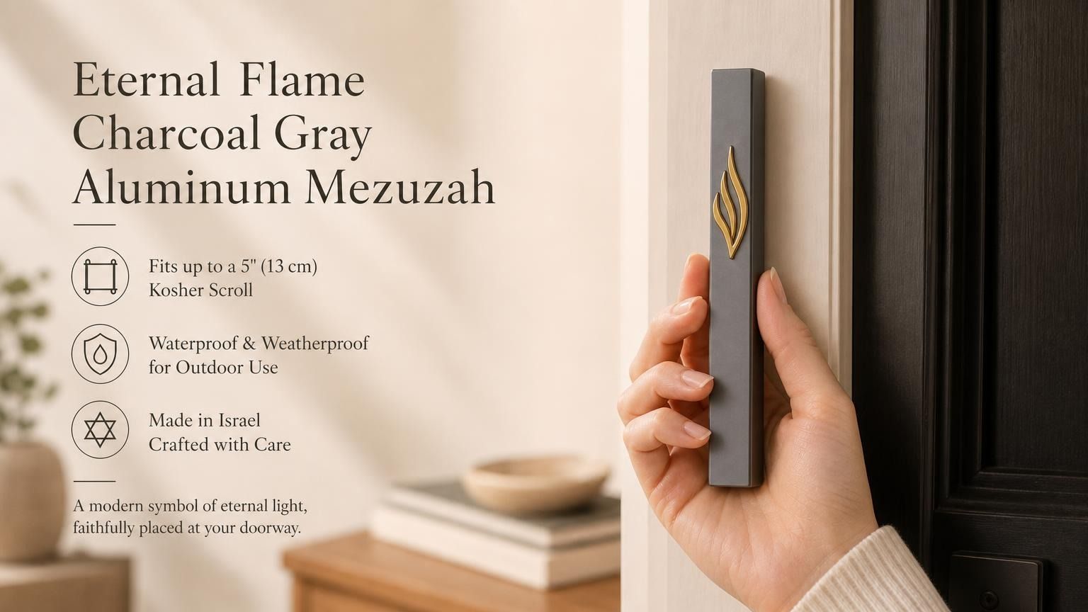 the Eternal Flame Charcoal Gray Aluminum Mezuzah, showing the dark gray mezuzah case with a raised gold ner tamid and stylized Shin on a doorway, with Made in Israel, waterproof outdoor use, and 5-inch kosher scroll fit highlighted