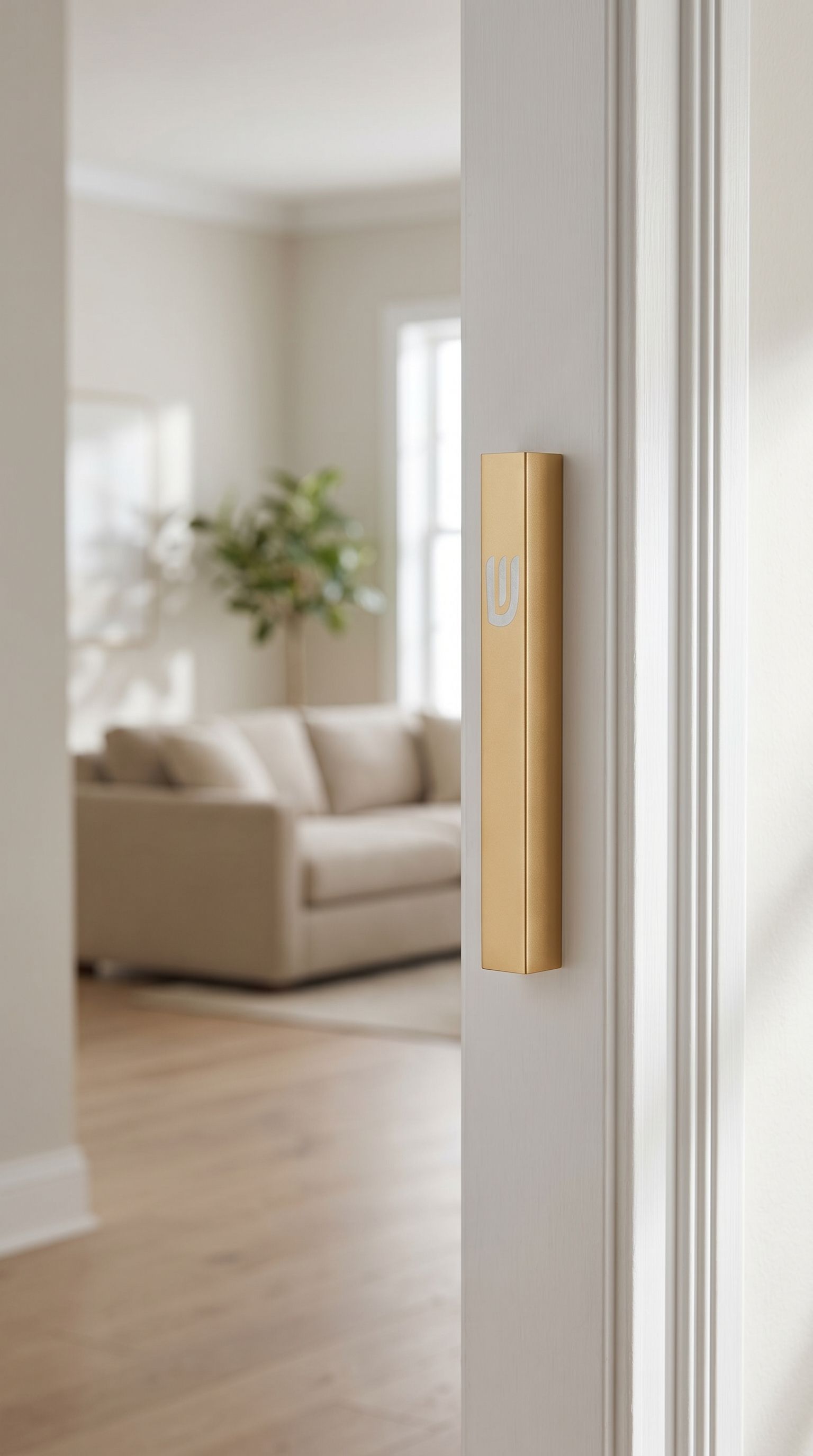Modern gold aluminum outdoor mezuzah mounted on a doorframe, showcasing a sleek and durable design for exterior use.