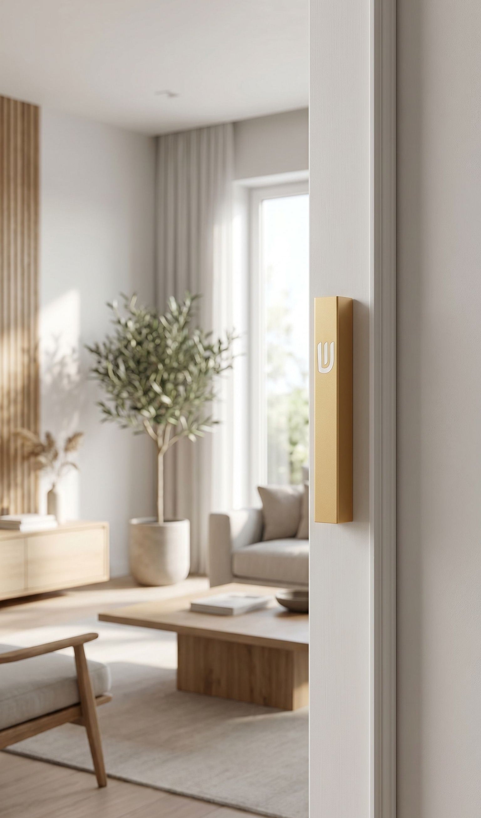 Hyper-realistic scene of a modern gold aluminum outdoor mezuzah mounted on an interior doorway's right side, showcasing its simple, timeless design and waterproof features.