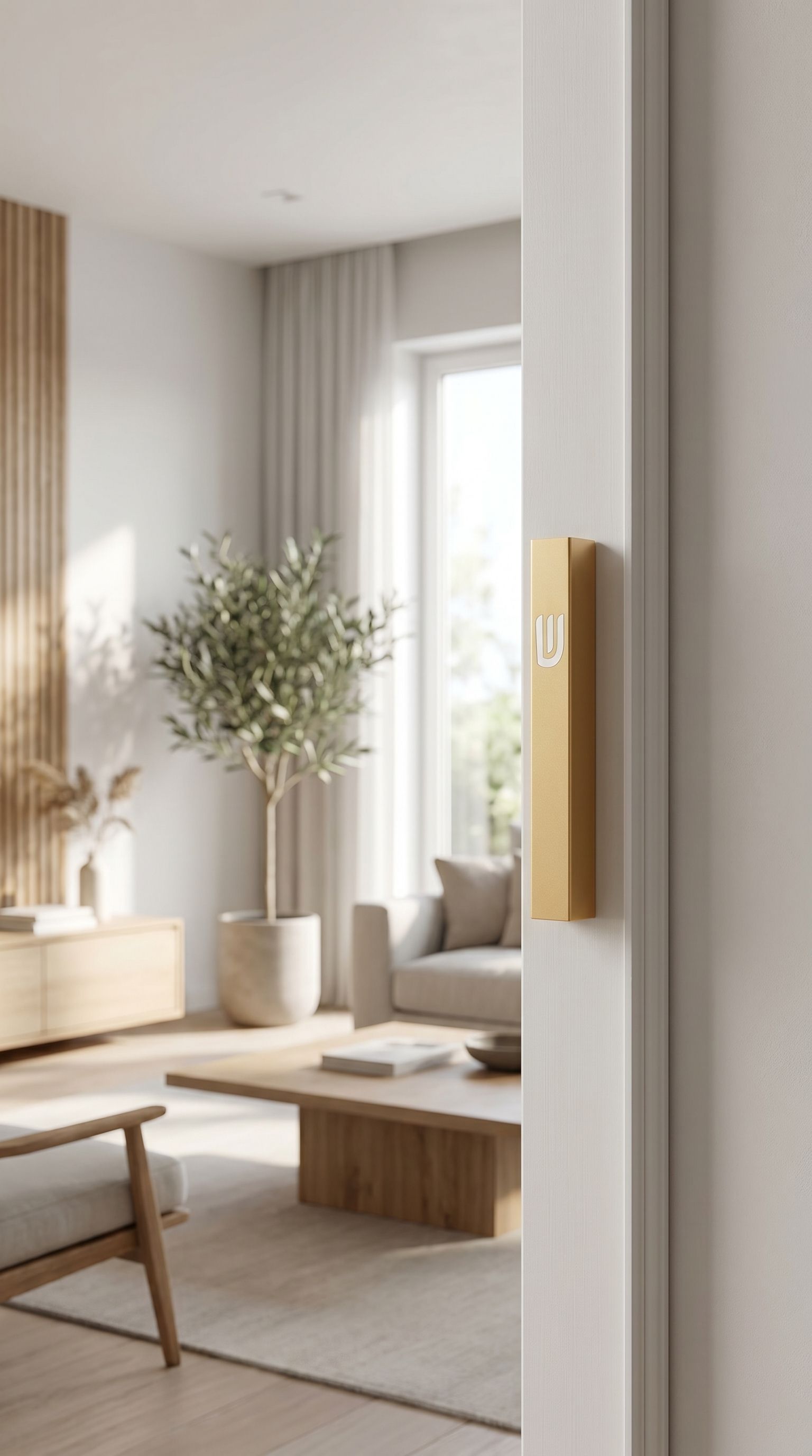 Hyper-realistic scene of a modern gold aluminum outdoor mezuzah mounted on an interior doorway's right side, showcasing its simple, timeless design and waterproof features.