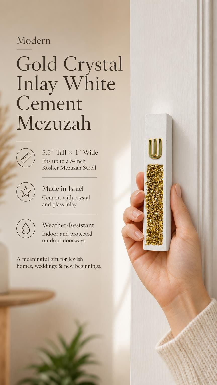 Hand holding a Modern Gold Crystal Inlay White Cement Mezuzah case in a warm neutral interior, showing the slim white cement profile, raised gold Shin, and dense vertical gold crystal and glass inlay with champagne and reflective golden tones