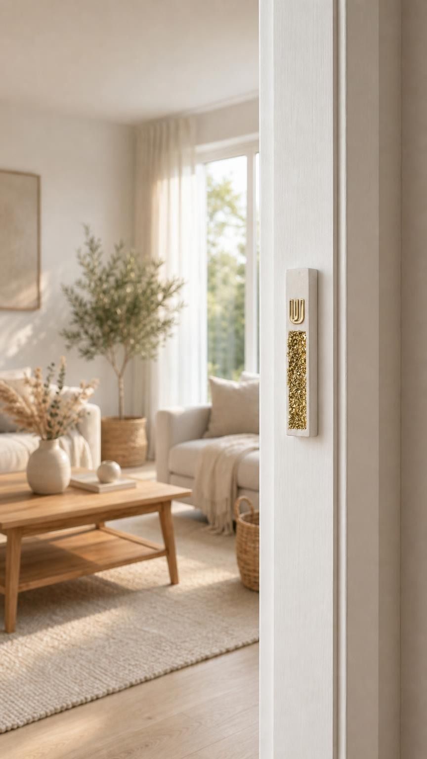 Modern Gold Crystal Inlay White Cement Mezuzah mounted vertically on a light residential doorpost in a bright neutral home, showing the raised gold Shin, slim white cement case, and reflective golden crystal and glass inlay
