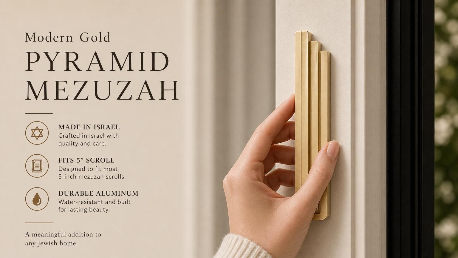 Hand holds the Modern Gold Pyramid Mezuzah, showcasing its architectural design and slim gold profile