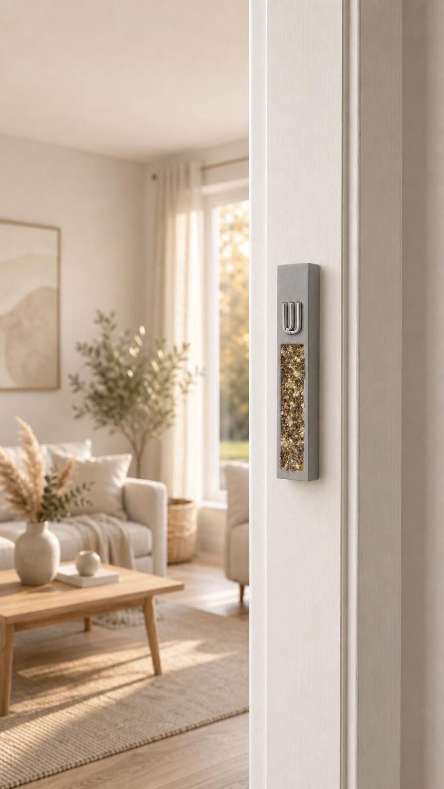 Modern Golden Amber Crystal Inlay Gray Cement Mezuzah mounted vertically on a residential doorpost, showing its raised silver-tone Shin, warm amber crystal and glass inlay, and slim gray cement body in a bright neutral home interior